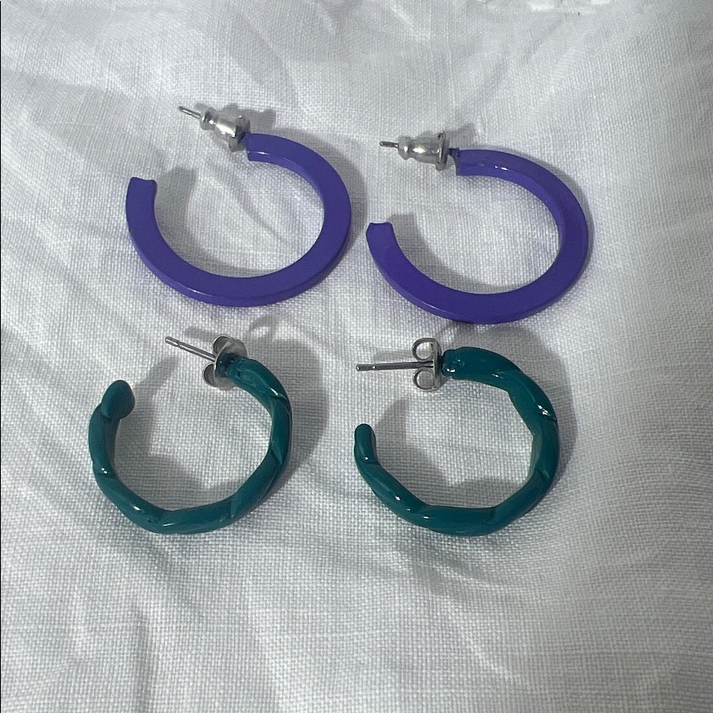 Vintage Purple and Dark Teal Hoop Earrings Set- 80's Vibe- Pierced-Jewelry